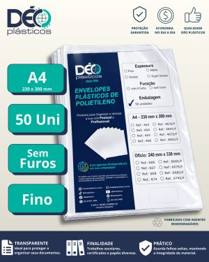 Envelope Plástico A4 Espessura Fino e sem Furos - 50 unid (Blister) - Ref.463S/F