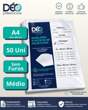 Envelope Plástico A4 Espessura Médio e sem Furos – 50 unid (Blister) – Ref.464S/F