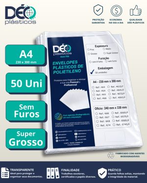 Envelope Plástico A4 Espessura Super Grossa e sem Furos – 50 unid (Blister) – Ref.466S/F