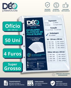 Envelope Plástico Ofício Espessura Super Grossa e com 4 Furos – 50 unid (Blister) – Ref.674PIN