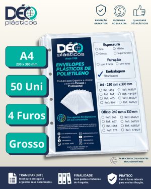 Envelope Plástico A4 Espessura Grosso e com 4 Furos – 50 unid (Blister) - Ref.465PIN