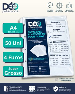 Envelope Plástico A4 Espessura Super Grossa e com 4 Furos – 50 unid (Blister) – Ref.466PIN
