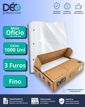 Envelope Plástico 1/2 Ofício Espessura Fino e com 3 Furos - 1.000 unid (Caixa) - Ref.203PIN