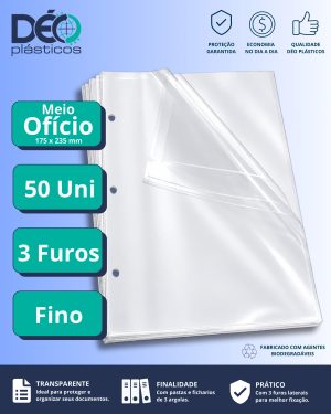 Envelope Plástico 1/2 Ofício Espessura Fino e com 3 Furos - 50 unid (Blister) - Ref.269PIN