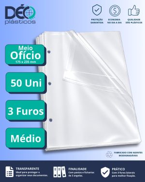 Envelope Plástico 1/2 Ofício Espessura Médio e com 3 Furos - 50 unid (Blister) - Ref.277PIN