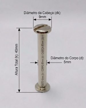 Parafusos de Metal para pasta e mostruários com diâmetro 5mm - Tamanho - 40 mm  (Ref. 908) - Embalagem com 100 unidades