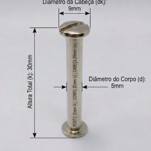 Parafusos de Metal para pasta e mostruários com diâmetro 5mm - Tamanho - 30 mm (Ref. 906) - Embalagem com 100 unidades