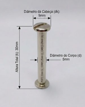 Parafusos de Metal para pasta e mostruários com diâmetro 5mm  - Tamanho - 30 mm  (Ref. 906) - Embalagem com 100 unidades