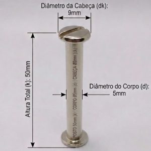 Parafusos de Metal para pasta e mostruários com diâmetro 5mm - Tamanho - 50 mm (Ref. 910) - Embalagem com 100 unidades