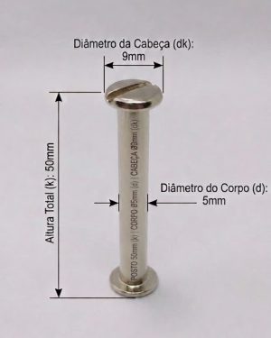 Parafusos de Metal para pasta e mostruários com diâmetro 5mm  - Tamanho - 50 mm  (Ref. 910) - Embalagem com 100 unidades