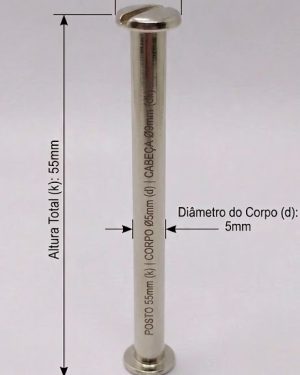 Parafusos de Metal para pasta e mostruários com diâmetro 5mm -Tamanho - 55 mm  (Ref. 911) - Embalagem com 100 unidades