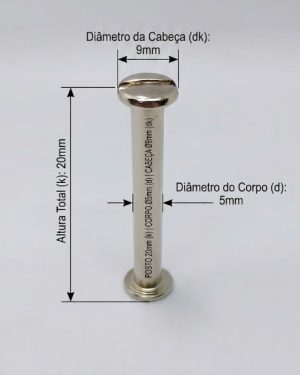 Parafusos de Metal para pasta e mostruários  com diâmetro de 5 mm - Tamanho  20 mm  (Ref. 904) - Embalagem com 100 unidades