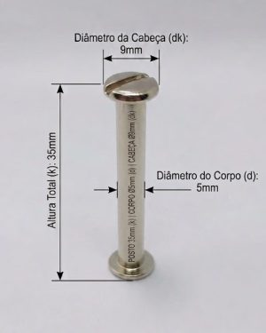 Parafusos de Metal para pasta e mostruários com diâmetro 5mm  - Tamanho - 35 mm  (Ref. 907) - Embalagem com 100 unidades