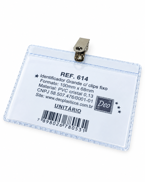 Porta Crachá Transparente PVC com Clipe Metálico Grande 100x68mm  e encarte  - Embalagem com 50 unidades (Ref. 614)