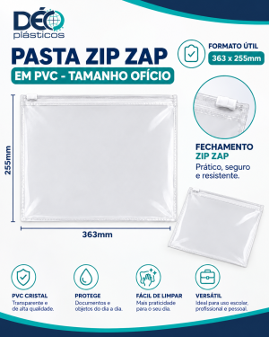 Pasta Zip Zap Ofício Transparente em PVC com Zíper Horizontal - Ref.3004