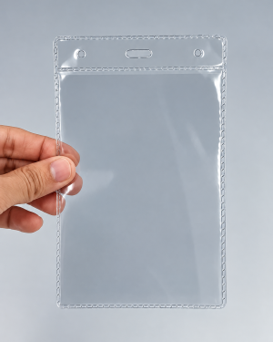 Porta Crachá Vertical para Eventos PVC Cristal 110x150mm -Embalagem com 50 unidades (Ref. 118)