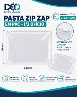 Pasta Zip Zap Meio Ofício Transparente em PVC com Ziper Plástico Horizontal - Ref.2520