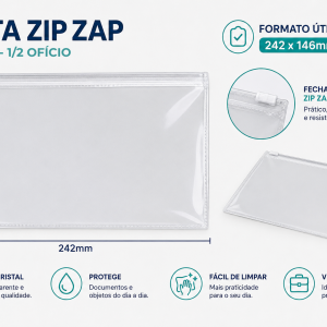 Pasta zip zap meio oficio transparente em pvc com ziper plástico horizontal ( Ref-2520)