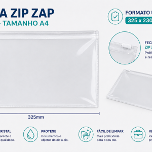 Pasta zip zap A4 transparente em pvc com ziper plástico horizontal (Ref-2108)