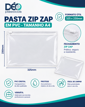 Pasta Zip Zap A4 Transparente em PVC com Ziper Plástico Horizontal - Ref.2108